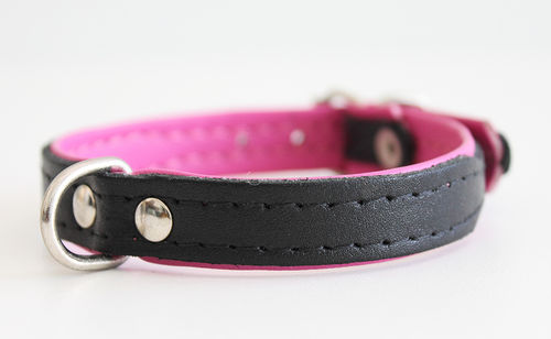 Hundehalsband Echtleder - BLACK SERIES - Ohne - schwarz/pink