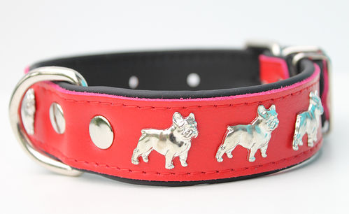 Hundehalsband Echtleder - FrenchBull - rot/schwarz - 3cm