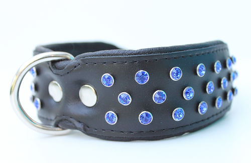 Hundehalsband Echtleder - Strass - 3-reihig - schwarz - blue